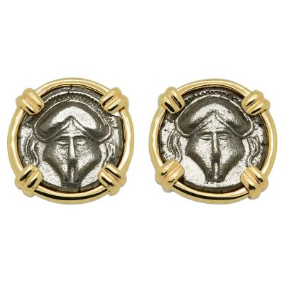 Greek Helmet coins in gold earrings