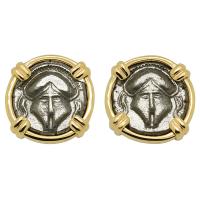 Greek 450-350 BC, Corinthian Helmet diobols in 14k gold earrings.