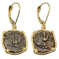 Holy Land 103-76 BC, Biblical Widows Mites in 14k gold earrings.