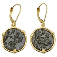 Roman Antioch AD 337-340, Constantine the Great follis in 14k gold earrings.