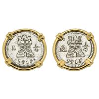 Spanish King Ferdinand VII 1/4 reales dated 1819 and 1813, in 14k gold earrings.