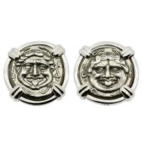 Greek 350-300 BC, Gorgon and Bull hemidrachms in 14k white gold earrings.