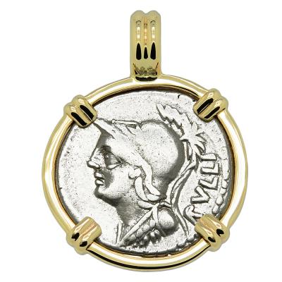 100 BC Minerva denarius in gold pendant