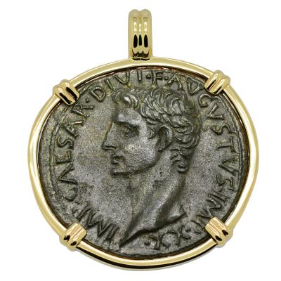 Caesar Augustus bronze coin in gold pendant