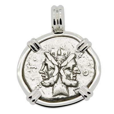 120 BC Janus denarius coin in white gold pendant