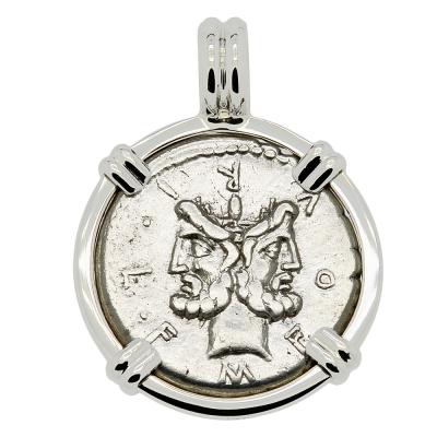 120 BC Janus denarius coin in white gold pendant