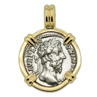 Marcus Aurelius denarius coin in gold pendant