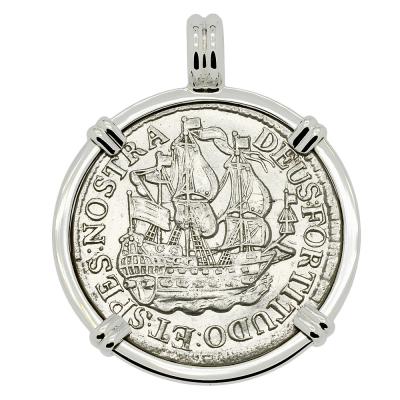 1736 Dutch ship shilling in white gold pendant 