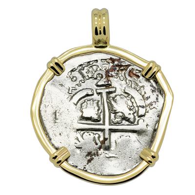 1690 Spanish 2 reales in gold pendant