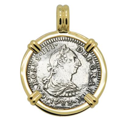 1783 El Cazador Shipwreck coin in gold pendant