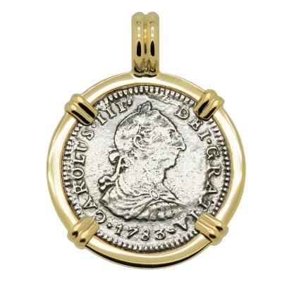 1783 El Cazador Shipwreck coin in gold pendant