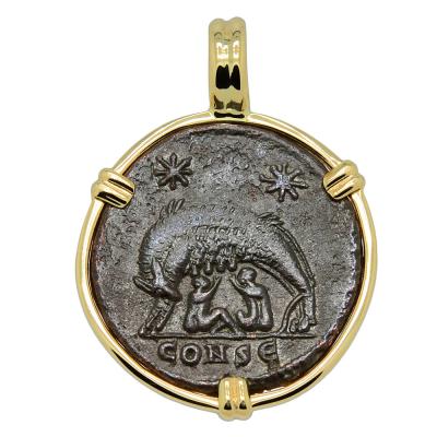 AD 330-336 Roman She-Wolf coin in gold pendant