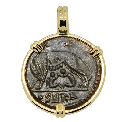 AD 330-336 Roman She-Wolf coin in gold pendant