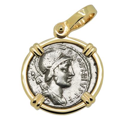 55 BC Mars denarius coin in gold pendant