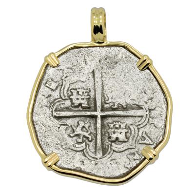 1591-1598 Spanish 2 reales coin in gold pendant