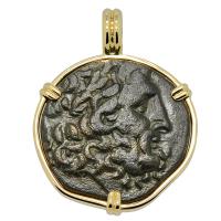 Greek 133-27 BC, God of Medicine Asclepius bronze coin in 14k gold pendant.