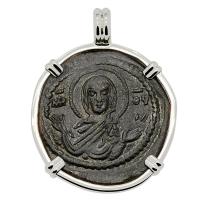 Byzantine 1068-1071, bronze follis in 14k white gold pendant.