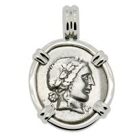 Greek 35-30 BC, Apollo and kithara hemidrachm in 14k white gold pendant.