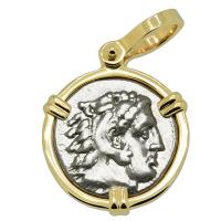 Greek 325-323 BC Lifetime Issue, Alexander the Great drachm in 14k gold pendant.