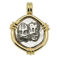 Greek 313-280 BC, Gemini Twins of Istros drachm in 14k gold pendant.
