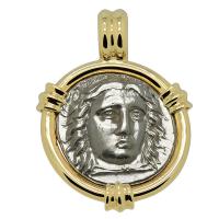 Greek 341-335 BC, Apollo and Zeus didrachm in 14k gold pendant.