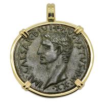 Roman Empire AD 10-12, Emperor Caesar Augustus bronze coin in 14k gold pendant.