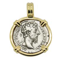 Roman Empire AD 169-170, Marcus Aurelius and Salus denarius in 14k gold pendant.