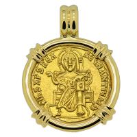 Byzantine 871-886, Jesus Christ with Basil I and Constantine solidus in 18k gold pendant.