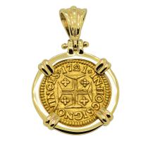 Portuguese King John V 400 Reis dated 1721, in 14k gold pendant.
