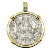 Dutch 6 stuivers ship shilling dated 1677, in 14k gold pendant.