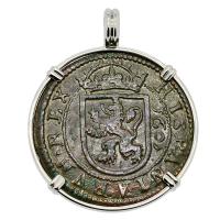 Spanish 8 maravedis dated 1605 in 14k white gold pendant.