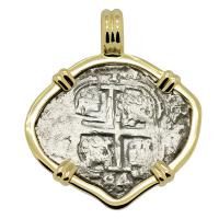 Colonial Spanish Peru, King Charles II one real dated 1684, in 14k gold pendant.