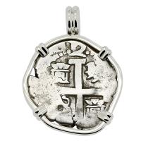 Colonial Spanish Peru, King Philip V two reales dated 1741 in 14k white gold pendant.