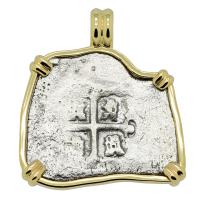Spanish 4 reales, 1729-1730, in 14k gold pendant, 1739 Dutch VOC Shipwreck off England.