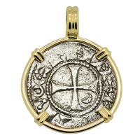 Antioch 1163-1188, Crusader Cross denier in 14k gold pendant.