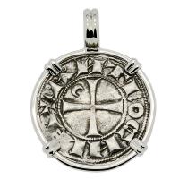 Antioch 1163-1188, Crusader Cross denier in 14k white gold pendant.