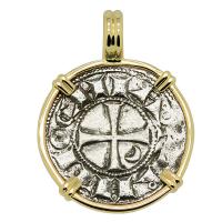 Antioch 1163-1188, Crusader Cross denier in 14k gold pendant.