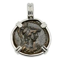 Greek AD 138-192, Athena and Owl bronze coin in 14k white gold pendant.