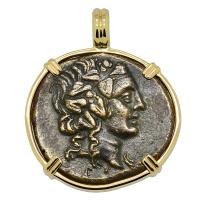 Greek 120-63 BC, God of Wine Dionysus and Cista Mystica bronze coin in 14k gold pendant.