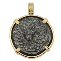 Greek 120-63 BC, Medusa and Nike bronze coin in 14k gold pendant.