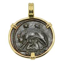 Roman Empire AD 330-336, She-Wolf Suckling Twins nummus in 14k gold pendant. 
