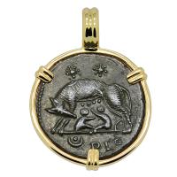 Roman Empire AD 330-336, She-Wolf Suckling Twins nummus in 14k gold pendant. 
