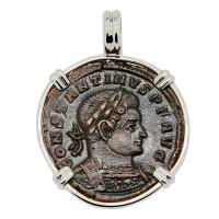 Roman Empire AD 315317, Constantine and Sol follis in 14k white gold pendant.