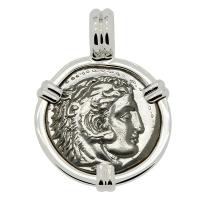 Greek 330-323 BC Lifetime Issue, Alexander the Great drachm in 14k white gold pendant.