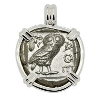 Greek 454-404 BC, Owl and Athena tetradrachm in 14k white gold pendant.