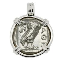 Greek 454-404 BC, Owl and Athena tetradrachm in 14k white gold pendant.