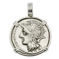 Roman Republic 104 BC, Roma and Victory chariot denarius in 14k white gold pendant. 