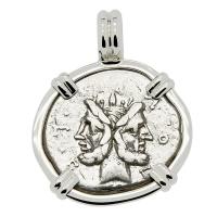 Roman Republic 120 BC, Janus and Roma denarius in 14k white gold pendant.