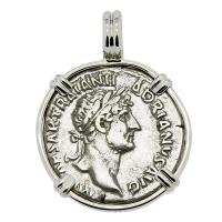 Roman Empire AD 119-120, Hadrian and Pax denarius in 14k white gold pendant.