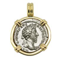 Roman Empire AD 166-167, Marcus Aurelius and Aequitas denarius in 14k gold pendant.